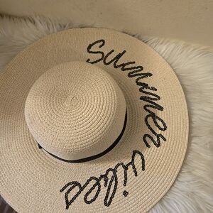 Wide Brim Sun Hat with  words "Summer Vibes" Embroidered Black Band Around Crown